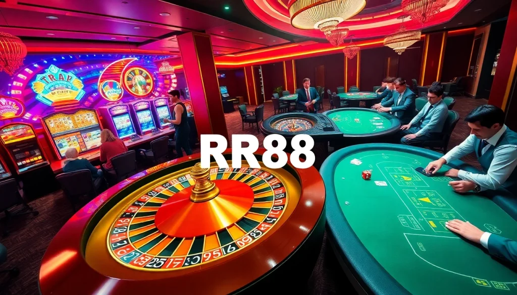 RR88 players enjoying a vibrant casino atmosphere with roulette and slot machines.