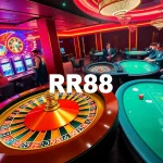 RR88 players enjoying a vibrant casino atmosphere with roulette and slot machines.