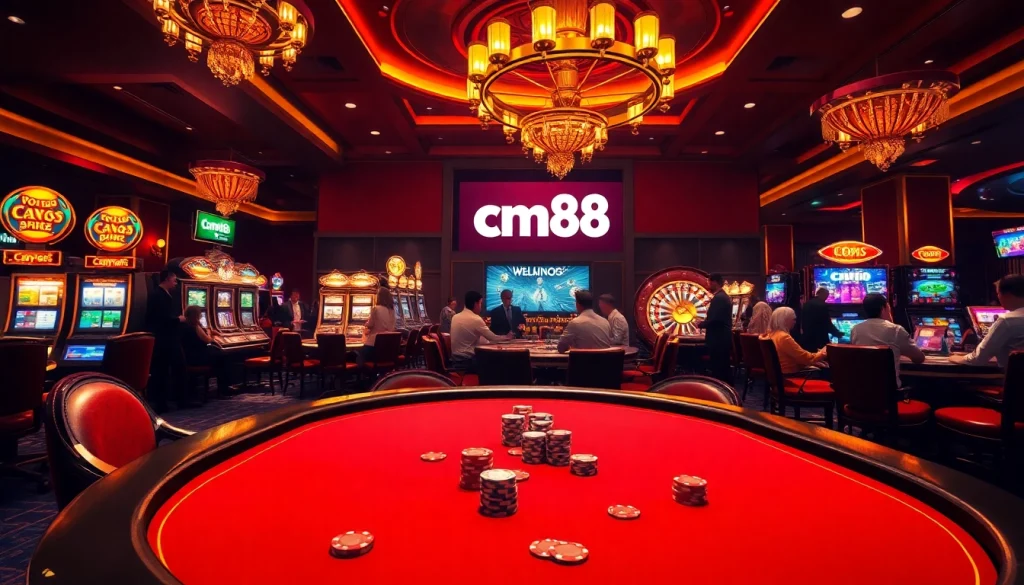 Exciting casino scene featuring a poker table and players, highlighting cm88 in a vibrant gaming atmosphere.