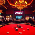 Exciting casino scene featuring a poker table and players, highlighting cm88 in a vibrant gaming atmosphere.