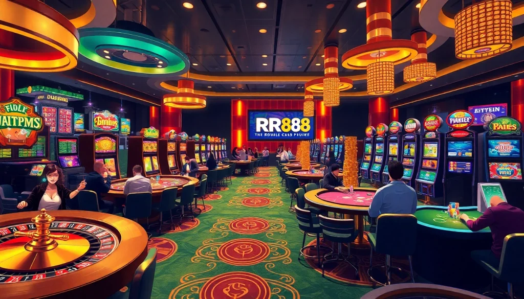RR88 casino scene with players at roulette and slot machines enjoying thrilling games.
