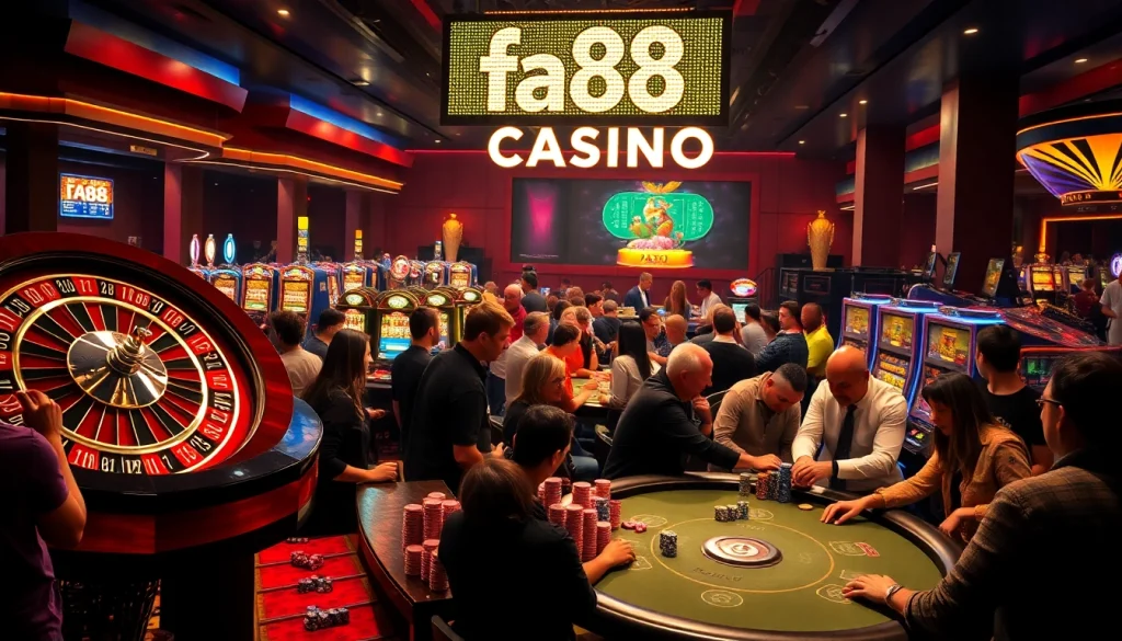 Players engrossed in a poker game at the fa88 Casino, surrounded by vibrant chips and engaging atmosphere.