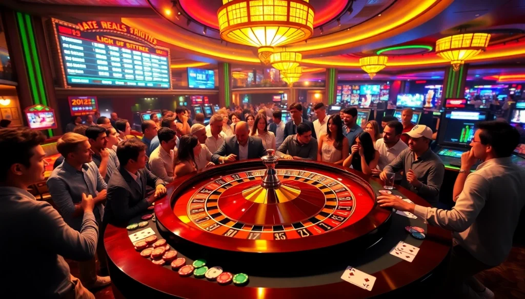 Experience the thrilling atmosphere of e28 gaming as players engage passionately at a bustling roulette table with colorful chips in hand.