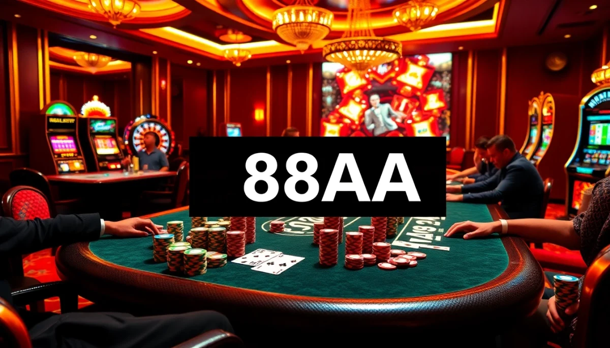 Players engaging in poker at a table with 88AA chips and vibrant casino lights.