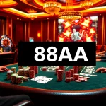 Players engaging in poker at a table with 88AA chips and vibrant casino lights.