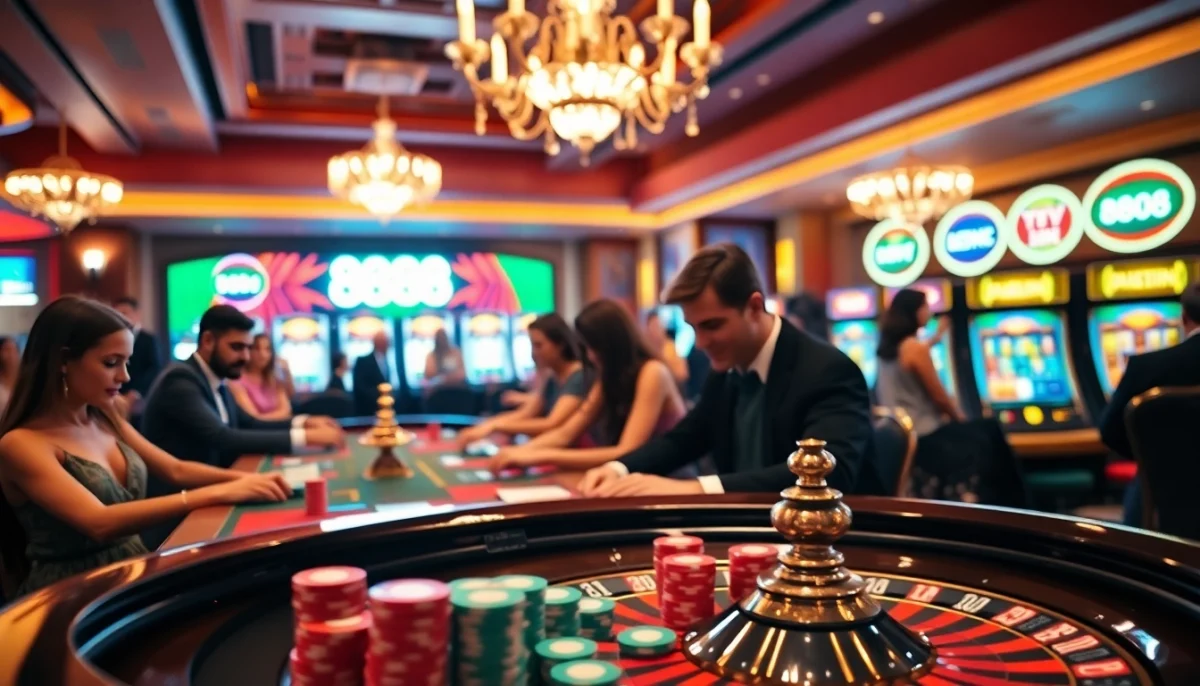 Players enjoying an exciting roulette game at 888b casino, surrounded by poker chips and vibrant lights.