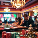 Players enjoying an exciting roulette game at 888b casino, surrounded by poker chips and vibrant lights.