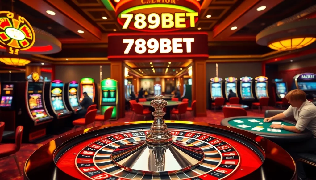Experience the thrilling atmosphere at 789BET’s casino, featuring players at poker tables and a dazzling roulette wheel.