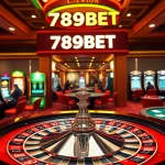 Experience the thrilling atmosphere at 789BET’s casino, featuring players at poker tables and a dazzling roulette wheel.