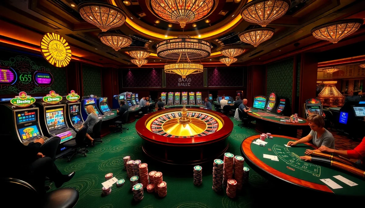 Experience the thrill of 88AA at a busy casino with vibrant poker tables and roulette wheels.