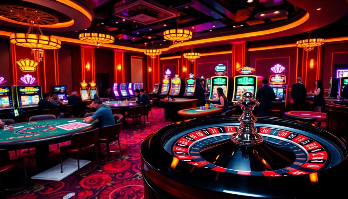 TV88 vibrant casino gaming floor with players at blackjack, poker tables, and neon slot machines.