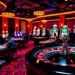 TV88 vibrant casino gaming floor with players at blackjack, poker tables, and neon slot machines.