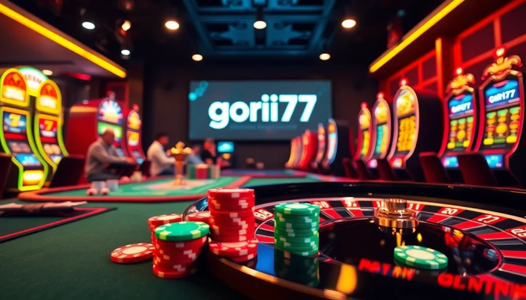 Experience high-stakes gambling at Gori77 online casino with vibrant poker chips and thrilling games.