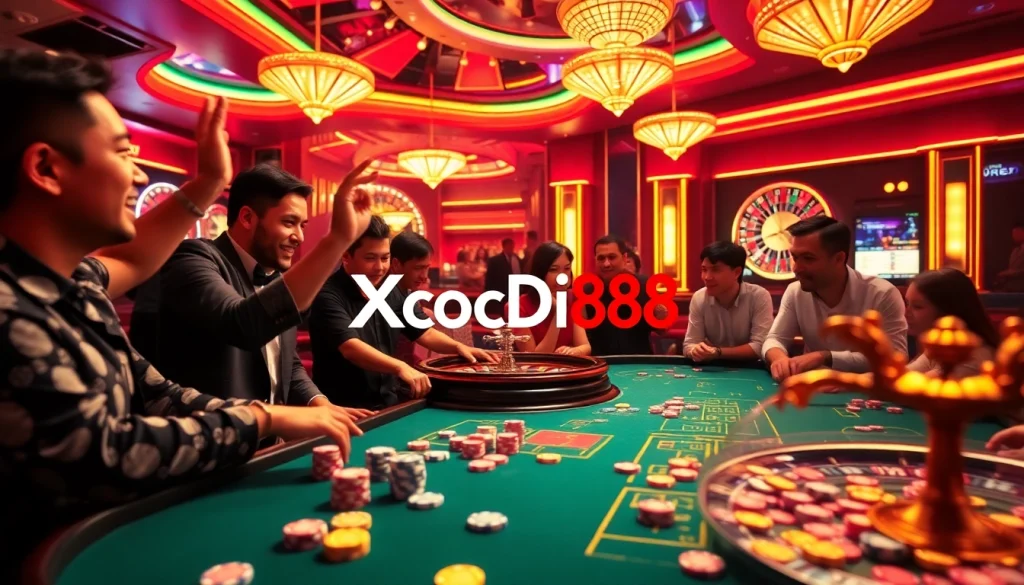 Xocdia88 gaming table in a vibrant casino setting with players cheering and poker chips abounding.