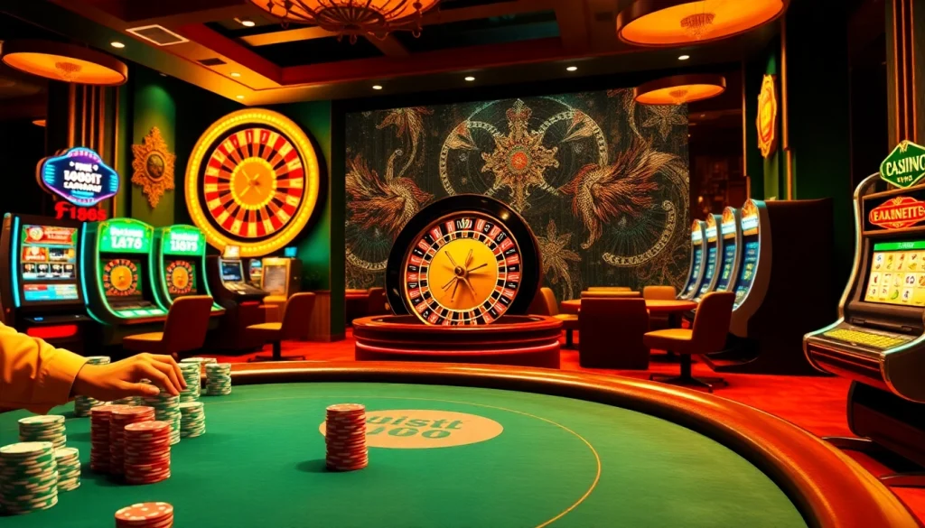 Experience the thrill of nha cai f168 with an engaging online casino scene showcasing intense poker action and vibrant slot machines.
