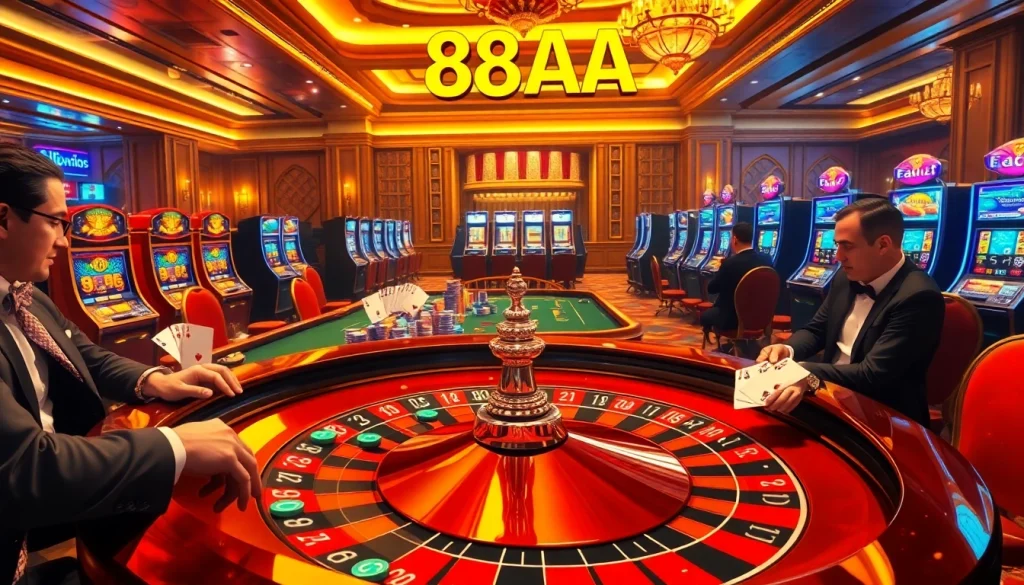 Players enjoying a high-stakes poker game at a casino featuring the theme "88AA."