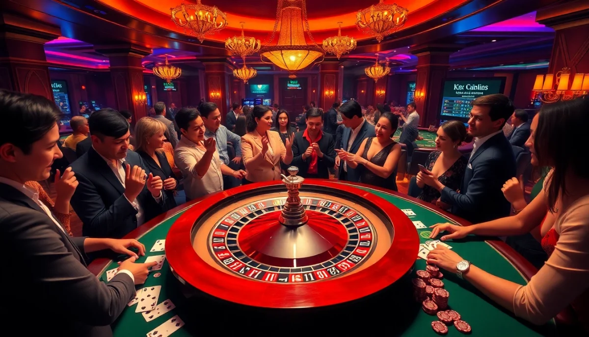 Experience the excitement of KJC's casino with players engaged in thrilling games, celebrating wins amid luxurious decor.