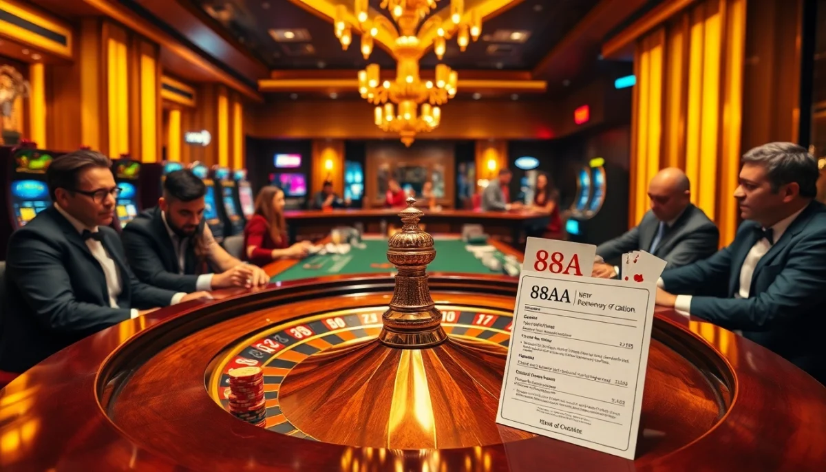 Players engaged at a roulette table with the "88AA" betting slip in an exquisite casino setting.
