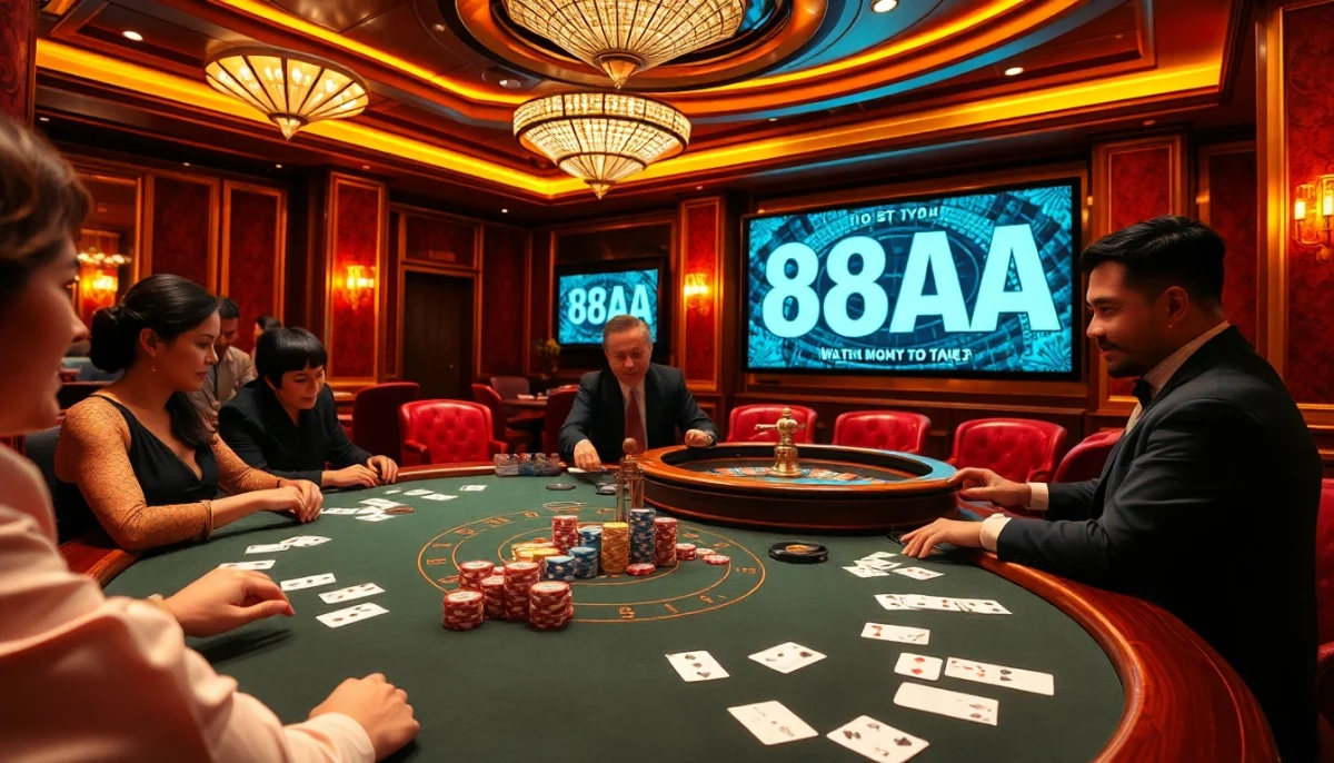 Players engaging in an intense poker game at a stylish casino featuring the logo 88AA on a digital screen.