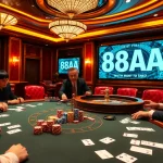 Players engaging in an intense poker game at a stylish casino featuring the logo 88AA on a digital screen.