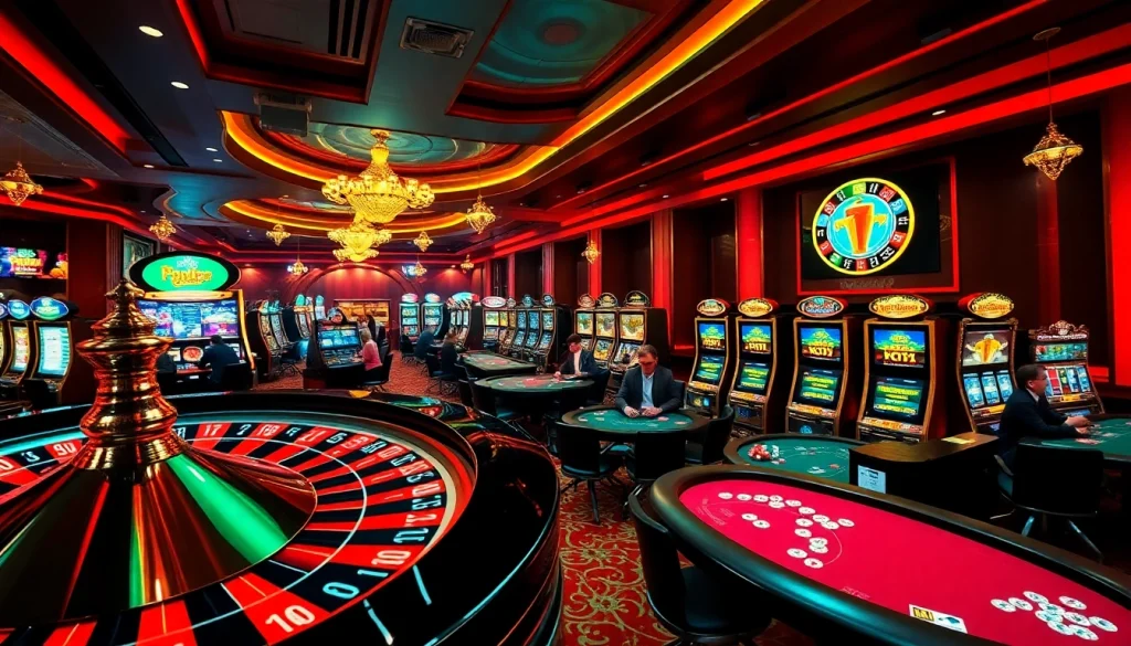 A vibrant online gambling scene featuring players at tables and slot machines at https://new889.blue.