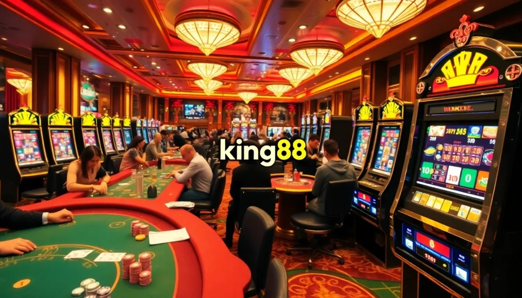 Players enjoying blackjack and roulette with king88 winning logos in a vibrant casino setting.