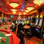 Players enjoying blackjack and roulette with king88 winning logos in a vibrant casino setting.