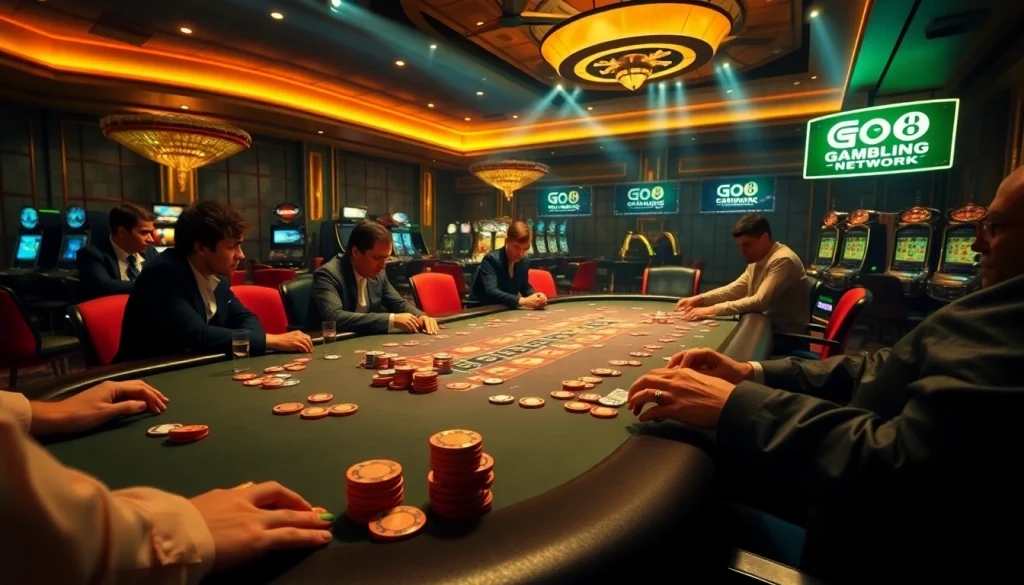 Experience high-stakes action in a Go8 casino with vibrant poker tables and shining chips.