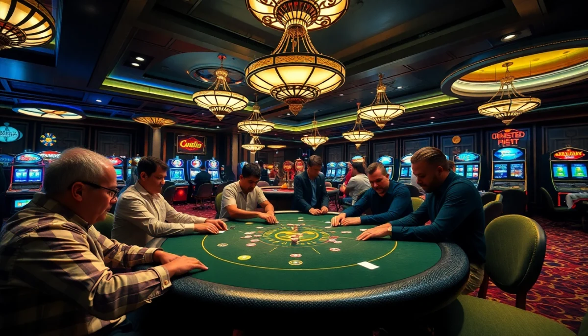 A high-stakes poker game at a lavish casino, featuring intense players and vibrant elements from https://79kingc2.com/.