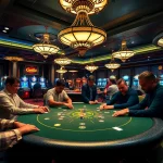 A high-stakes poker game at a lavish casino, featuring intense players and vibrant elements from https://79kingc2.com/.