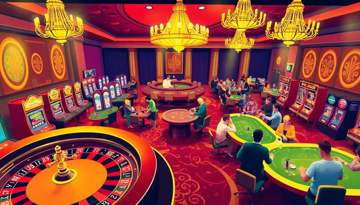 Experience the thrill of betting at MM88 — a lively casino floor with poker tables and slot machines.