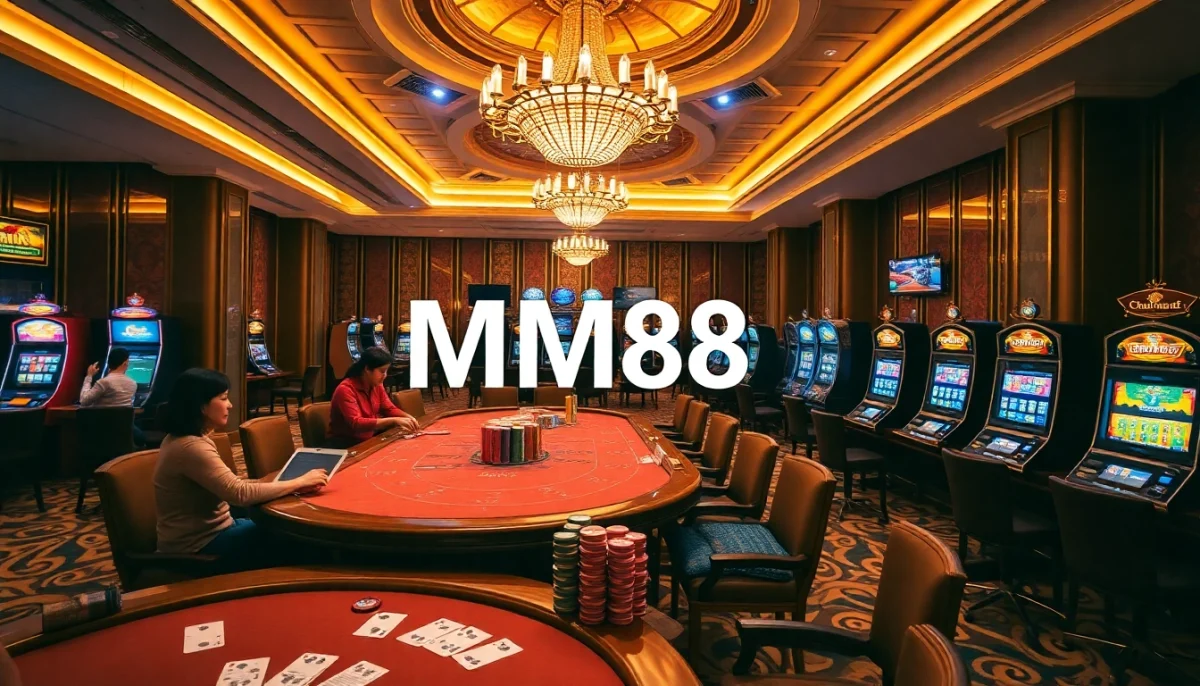 Thrilling casino scene featuring MM88 logo with players at card tables and colorful slot machines.