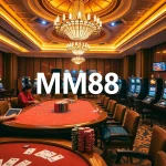 Thrilling casino scene featuring MM88 logo with players at card tables and colorful slot machines.