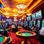 Excited players enjoying games at AAAJILI Casino with vibrant slot machines and poker tables.