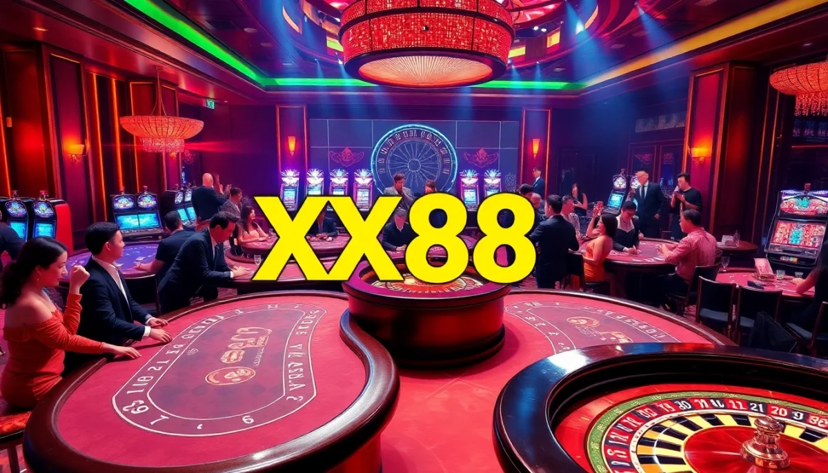 Experience the thrilling world of gambling at XX88 casino with poker tables and joyous players.