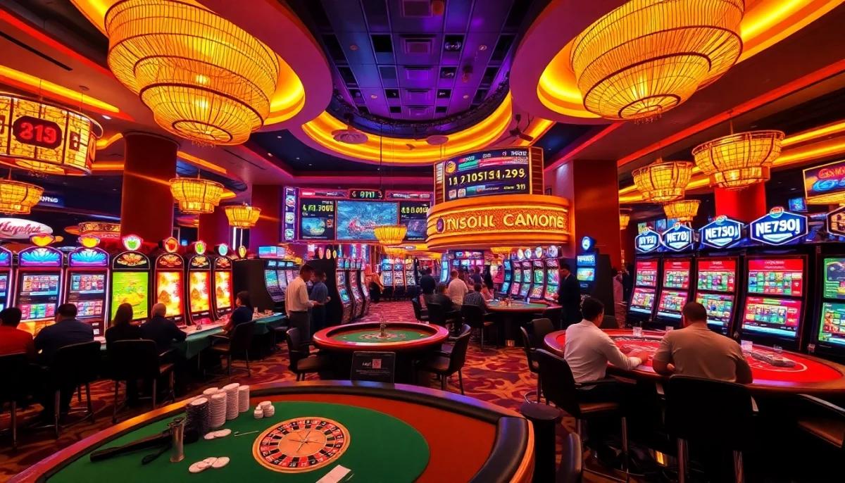 Experience the thrilling excitement of new88 thailand's vibrant casino atmosphere, featuring poker tables and slot machines.