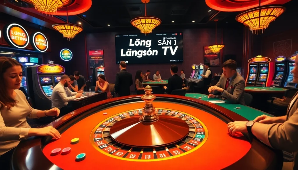 Experience Lương sơn TV while betting on a colorful casino scene featuring players at a roulette table.