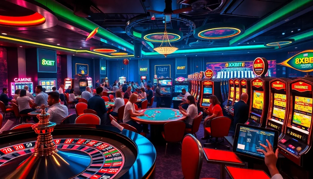8XBET casino setting showcasing players at roulette and poker tables, encapsulating the thrill of gambling.