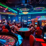 8XBET casino setting showcasing players at roulette and poker tables, encapsulating the thrill of gambling.