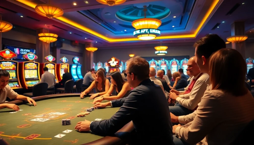 A vibrant casino scene with players at a poker table and flashing slot machines at fa88 for thrilling gambling experiences.