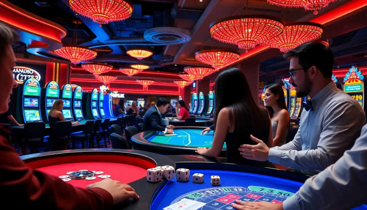 The thrill of betting at a vibrant casino featuring 789f poker tables and slot machines, surrounded by excited players.
