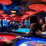 The thrill of betting at a vibrant casino featuring 789f poker tables and slot machines, surrounded by excited players.