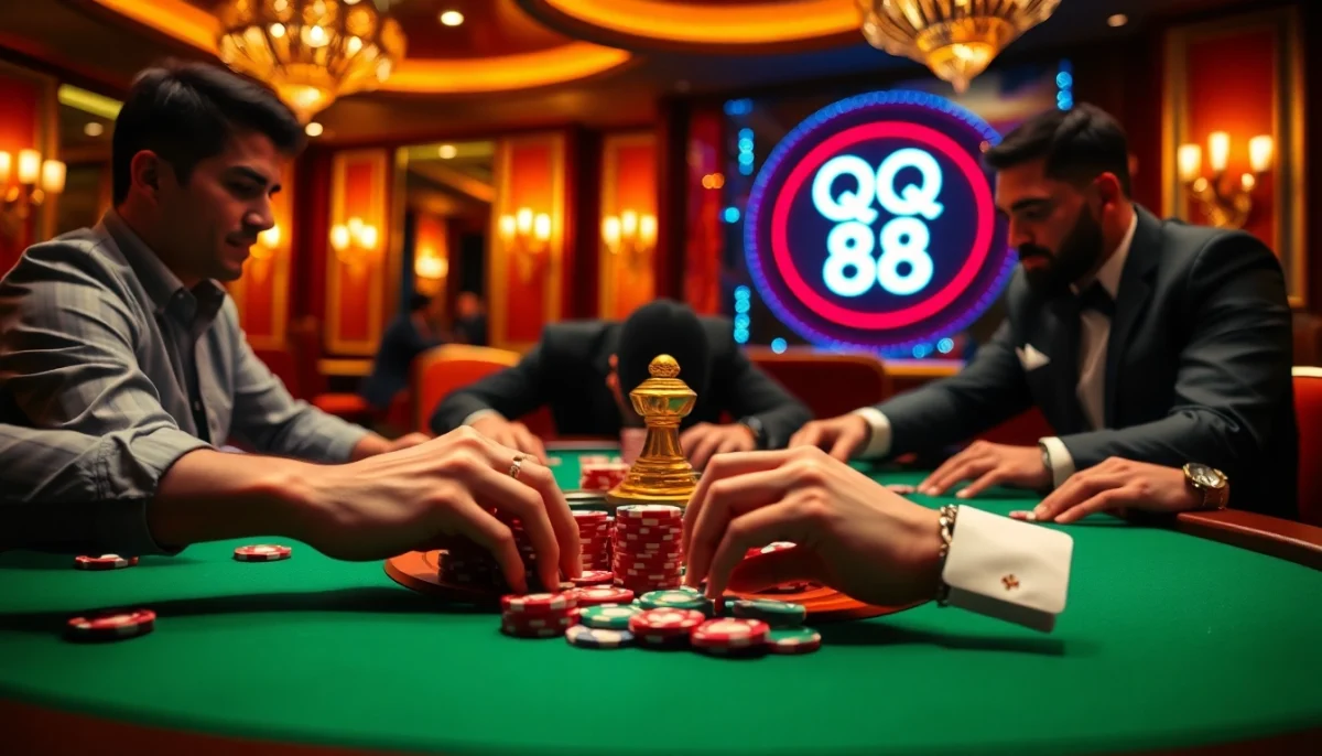 Players enjoying a thrilling poker game featuring QQ 88 chips under warm casino lights.