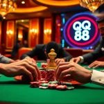Players enjoying a thrilling poker game featuring QQ 88 chips under warm casino lights.