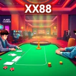 XX88 showcases a lively casino floor with intense poker rounds, roulette, and vibrant slot machines.