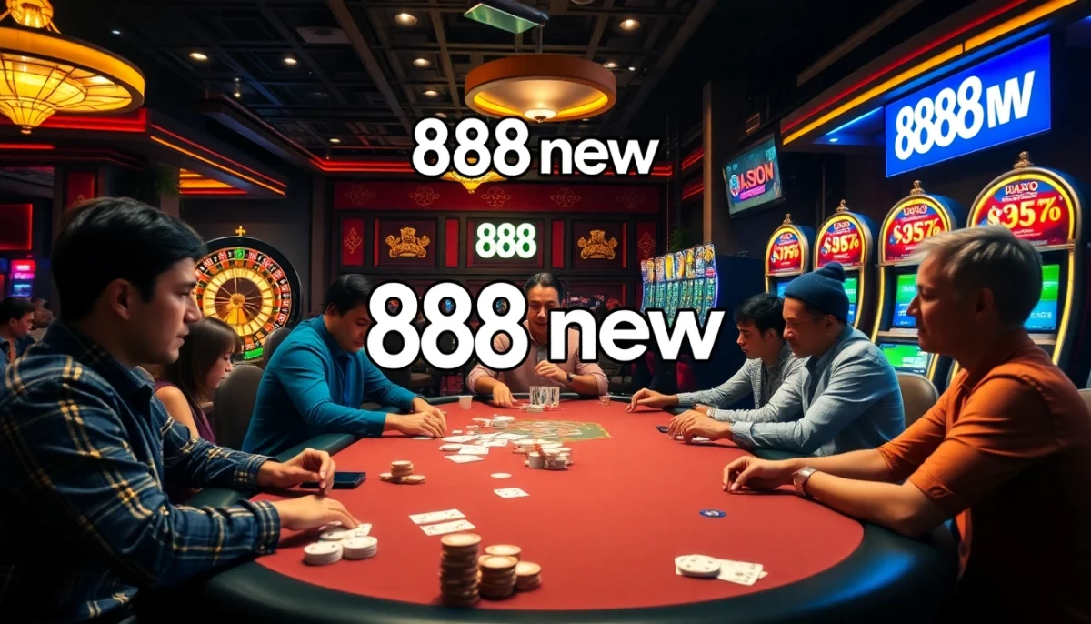 Players at a lively poker table in an 888new casino setting, showcasing excitement and strategy.