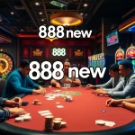 Players at a lively poker table in an 888new casino setting, showcasing excitement and strategy.
