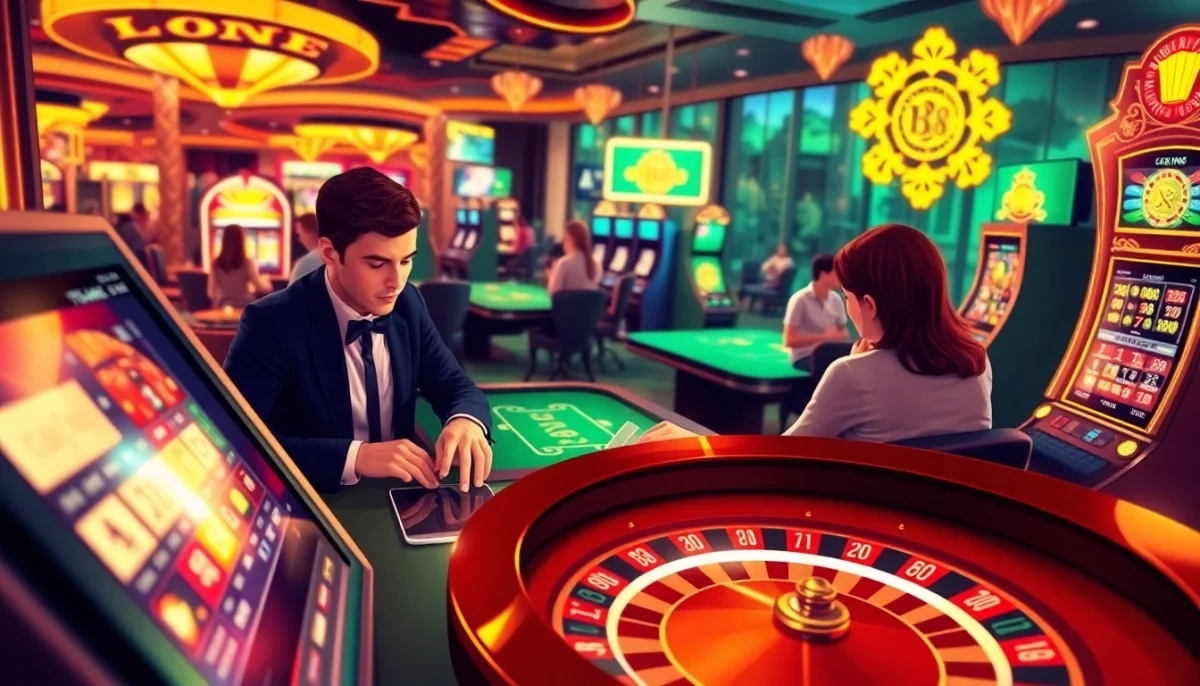 mm88 online casino scene showcasing virtual poker tables and slot machines in action.