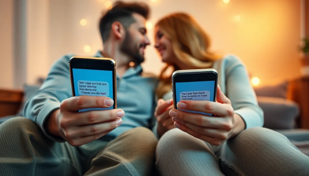 Sexting AI illustrated in a romantic scene with smartphones and flirty text messages.