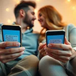 Sexting AI illustrated in a romantic scene with smartphones and flirty text messages.